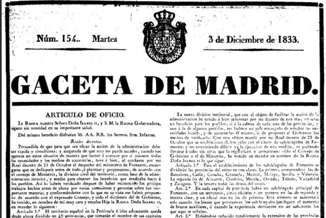 Gaceta de Madrid nº 154 de 3 de diciembre de 1833_División provincial Javier de Burgos