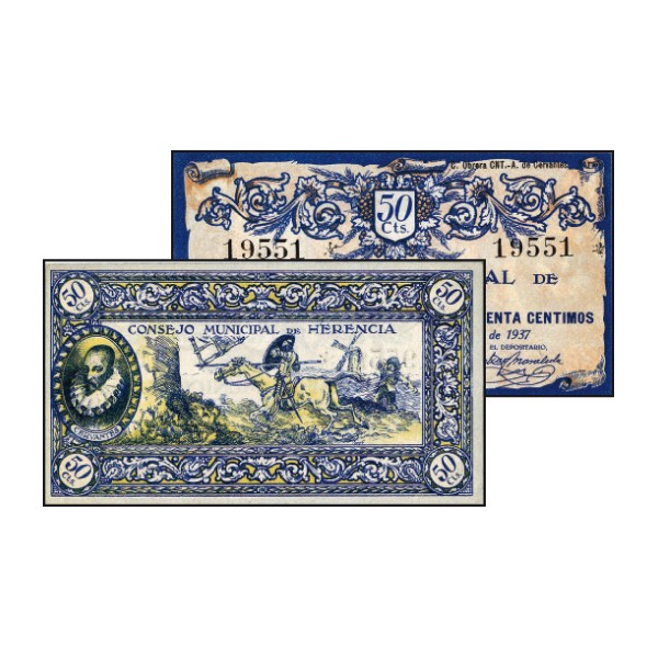 Billete local de Herencia de 1937 con ilustración del Quijote